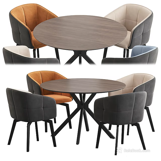Modern Design Round Wooden Dining Table Set with Multi Colored Upholstered Chairs 3d model