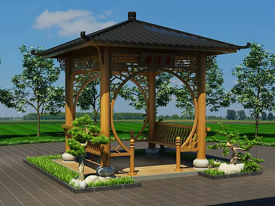 Traditional Chinese Style Wooden Pavilion With Black Roof Surrounded By Trees And Stone Pavement 3d model