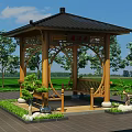 Traditional Chinese Style Wooden Pavilion With Black Roof Surrounded By Trees And Stone Pavement