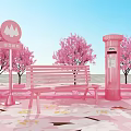 Scenic Outdoor Spot With Pink Cherry Trees Pink Benches Petal Covered Ground And Blue Sign