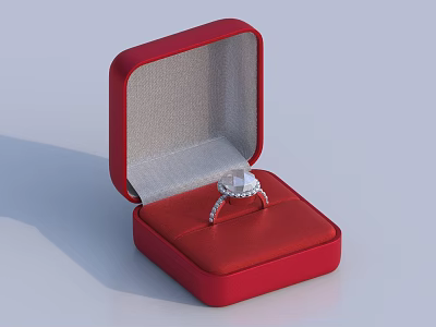 Red Jewelry Box With Diamond Ring And Gray Velvet Lining 3d model