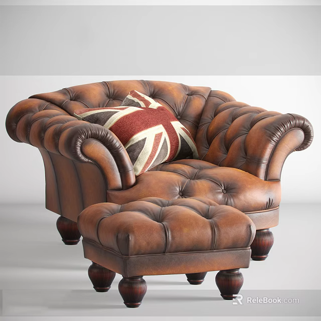 Brown Leather Tufted Armchair With Matching Ottoman And Union Jack Pillow 3d model 