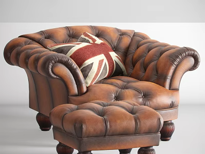 Brown Leather Tufted Armchair With Matching Ottoman And Union Jack Pillow 3d model