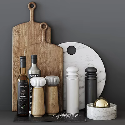 Modern Kitchenware Collection Featuring Wooden Cutting Boards Marble Round Board Pepper Mills And Spice Bottles 3d model