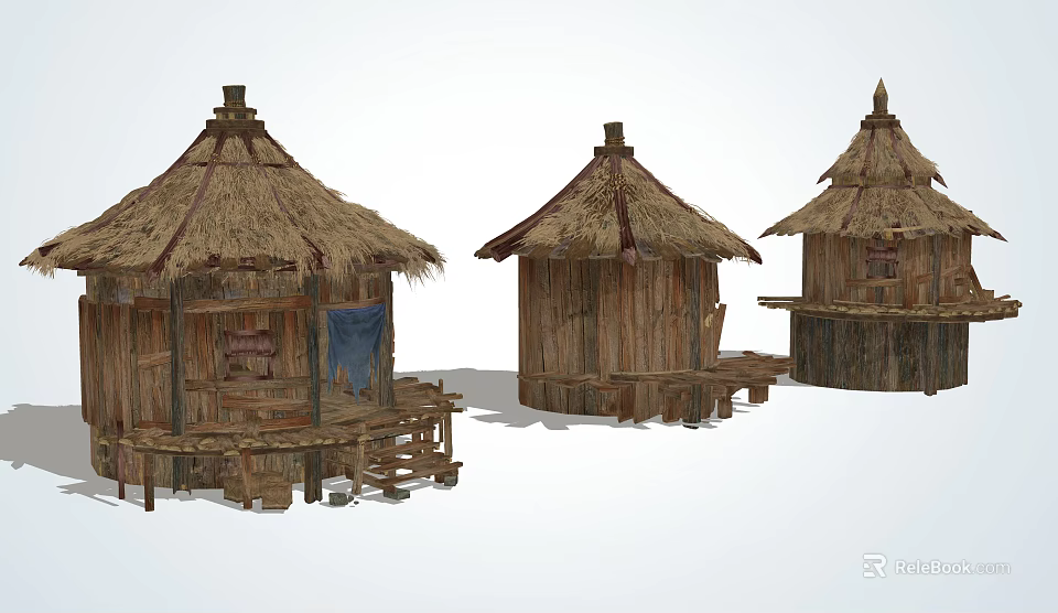 Traditional Rustic Wooden Huts With Thatched Roofs And Simple Rural Design 3d model 