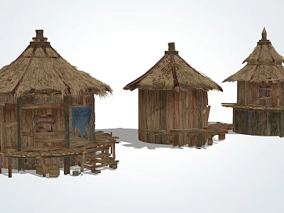 Traditional Rustic Wooden Huts With Thatched Roofs And Simple Rural Design 3d model
