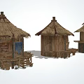 Traditional Rustic Wooden Huts With Thatched Roofs And Simple Rural Design