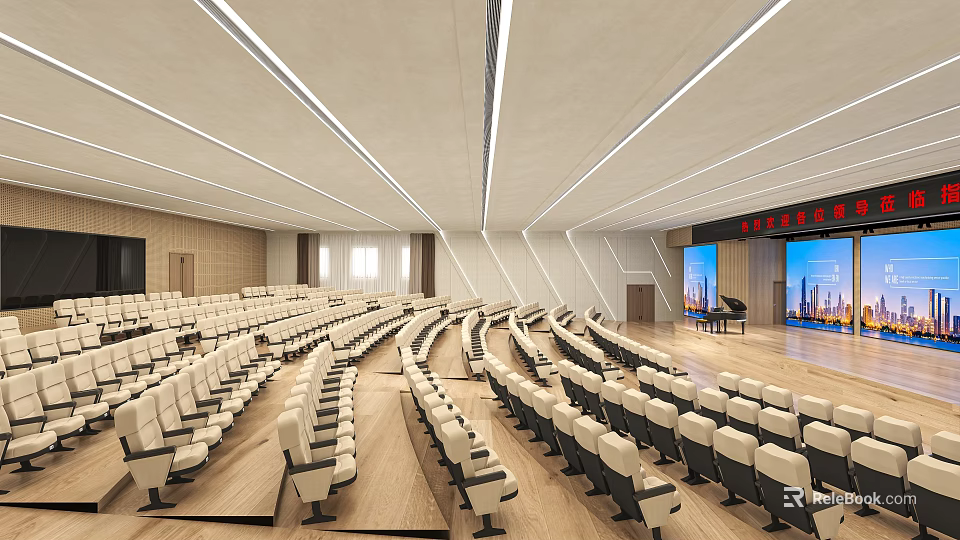 Large Modern Conference Room Interior Design With Tiered Seating And Projector Screen 3d model 
