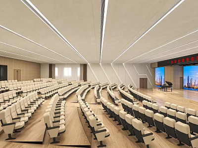 Large Modern Conference Room Interior Design With Tiered Seating And Projector Screen 3d model