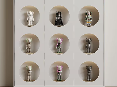 Decorative Figurine Collection Displayed In White Cabinet With Circular Niches And Various Colored Statues 3d model
