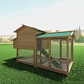 Wooden Chicken Coop In Green Grassy Field With Trees Background Landscape