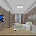 Modern Hospital Room Interior With Bed TV Chairs Window And Paintings