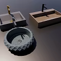 Three Modern Stone Washbasins in Different Shapes with Golden and Silver Faucets