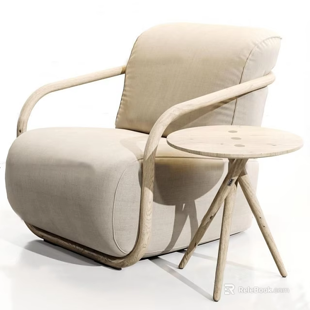 Beige Fabric Single Sofa With Wooden Armrests And Round Side Table 3d model 