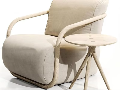 Beige Fabric Single Sofa With Wooden Armrests And Round Side Table 3d model