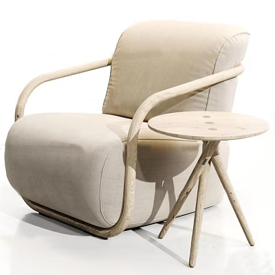 Beige Fabric Single Sofa With Wooden Armrests And Round Side Table 3d model