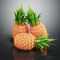 Three Fresh Orange Pineapples With Green Leaves On Black Background And Reflection