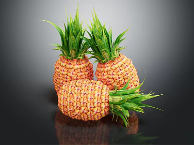 Three Fresh Orange Pineapples With Green Leaves On Black Background And Reflection 3d model