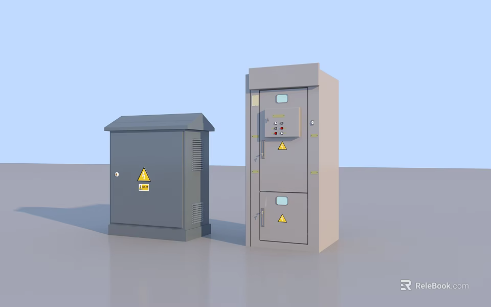 Industrial Electrical Control Cabinets With Safety Warning Signs And Gray Enclosures 3d model 