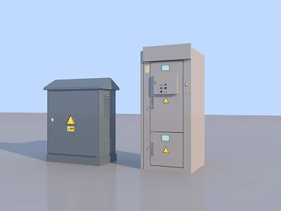 Industrial Electrical Control Cabinets With Safety Warning Signs And Gray Enclosures 3d model