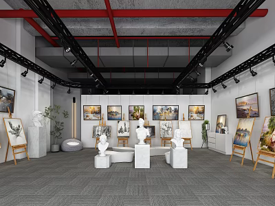 Bright Art Gallery Interior With Framed Paintings White Sculptures Wooden Easels And Track Spotlights 3d model