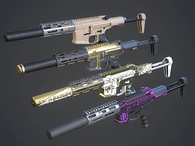 Colorful Tactical Rifles Featuring Gold White Purple Accents And Unique Designs 3d model