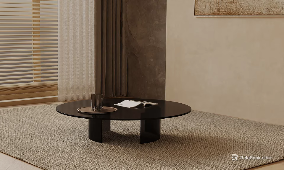 Modern Sofa and Coffee Table Set With Black Round Coffee Table on Carpet 3d model 