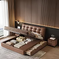 Modern Brown Tufted Headboard Double Bed With Wooden Accent Wall And LED Strip Lighting