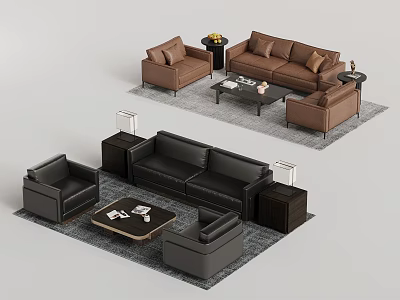 Brown and Black Sofa Coffee Table Set With Accent Chairs Side Tables and Area Rugs 3d model