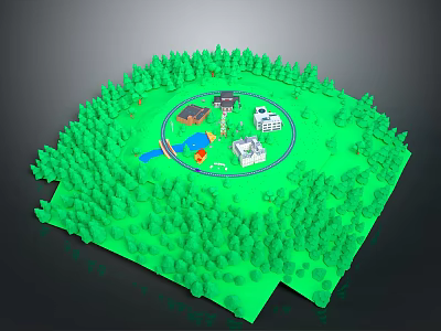 3D Green Landscape Model Surrounded By Forest With Central Circular Area And Small Buildings 3d model