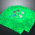 3D Green Landscape Model Surrounded By Forest With Central Circular Area And Small Buildings