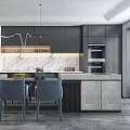 Modern Restaurant Interior With Dark Gray Cabinets Marble Backsplash Island And Dining Table