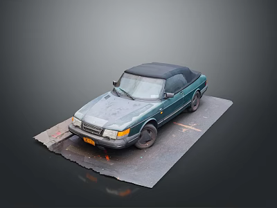 Vintage Green Convertible Car Parked On Damaged Gray Mat Surface 3d model