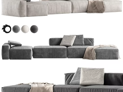 Modern Gray Linen Sectional Sofa With Soft Pillows And Cozy Throw Blanket 3d model