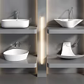 Modern Countertop Washbasins On Grey Shelves With Illuminated Backlighting In Bathroom