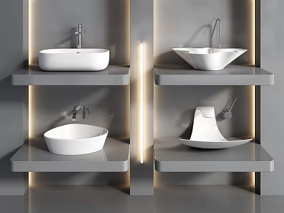 Modern Countertop Washbasins On Grey Shelves With Illuminated Backlighting In Bathroom 3d model
