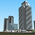 Modern High Rise Building Complex With Glass Facades And Urban Landscape Elements