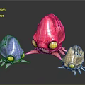 Three Fantasy Game Movie Characters With Blue Pink Beige Bodies Big Yellow Eyes And Tentacles