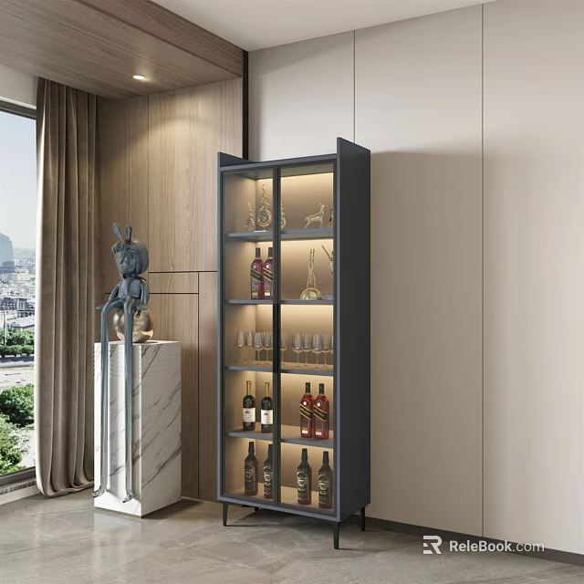 Elegant Modern Wine Cabinet With Glass Shelves Wine Bottles And Glassware 3d model 