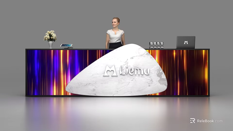 Elegant White Marble Reception Desk With Miemu Logo Receptionist Flower Vase Tablet Keyboard And Laptop 3d model 