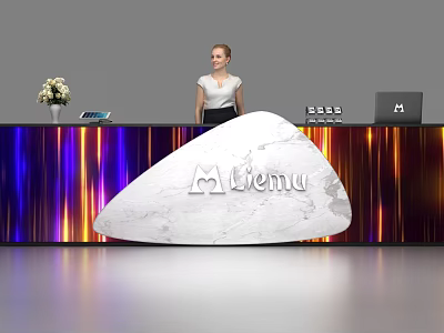 Elegant White Marble Reception Desk With Miemu Logo Receptionist Flower Vase Tablet Keyboard And Laptop 3d model