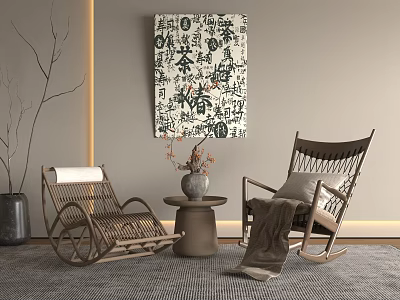 Wooden Rocking Leisure Chairs in Modern Living Area with Side Table and Decorative Items 3d model