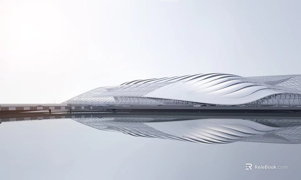 Contemporary Architectural Structure With Wave Like Roof And Water Reflection 3d model 