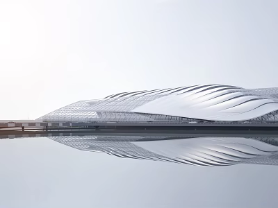 Contemporary Architectural Structure With Wave Like Roof And Water Reflection 3d model