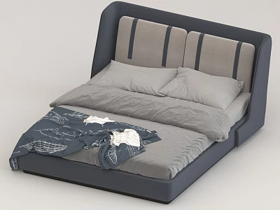 Modern Double Bed with Gray Upholstered Headboard and Navy Throw Blanket 3d model