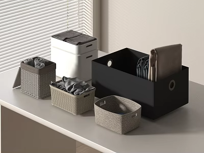 Stylish Woven Storage Baskets For Organizing Clothes In Home Closet With Black Gray Beige Colors 3d model