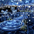 Luxurious Blue Runway With Curved Designs Gold Lines White Lights and Flower Decorations
