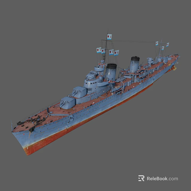 Detailed 3D Battleship Model with Gray Hull Red Bottom Smokestacks and Superstructure 3d model 