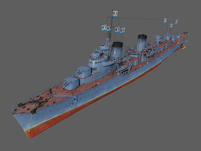 Detailed 3D Battleship Model with Gray Hull Red Bottom Smokestacks and Superstructure 3d model