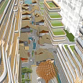 Commercial Landscape With Modern Architectural Design Wooden Lattice Roof Red Giraffe Sculpture And Pedestrian Square